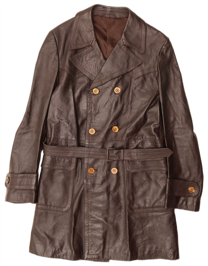 Casaco masculino vintage de couro com peito duplo Reino Unido 36 pequeno marrom