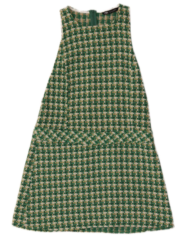 Vestido feminino Zara sem mangas evasê UK 16 grande verde houndstooth