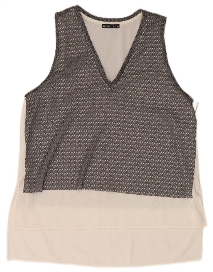 Zara Top feminino sem mangas transparente Reino Unido 16 bloco colorido cinza grande