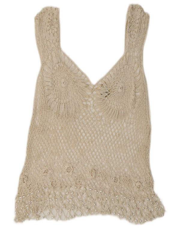 Blusa feminina de crochê feita à mão Rafale Top Reino Unido 14 rayon bege médio