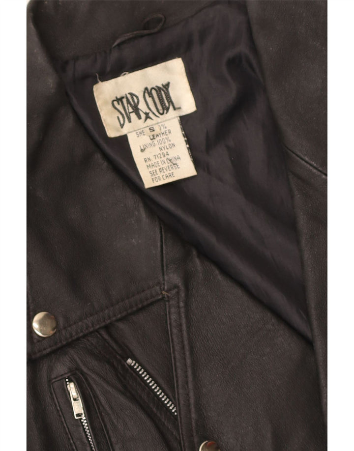 Jaqueta de motociclista de couro vintage feminino UK 10 couro preto pequeno