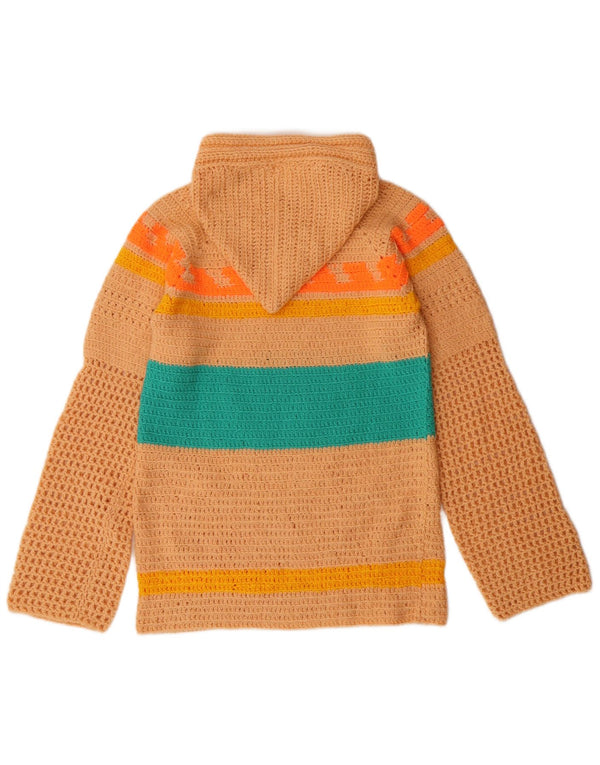 Suéter feminino VINTAGE com capuz e crochê UK 10 pequeno listrado bege