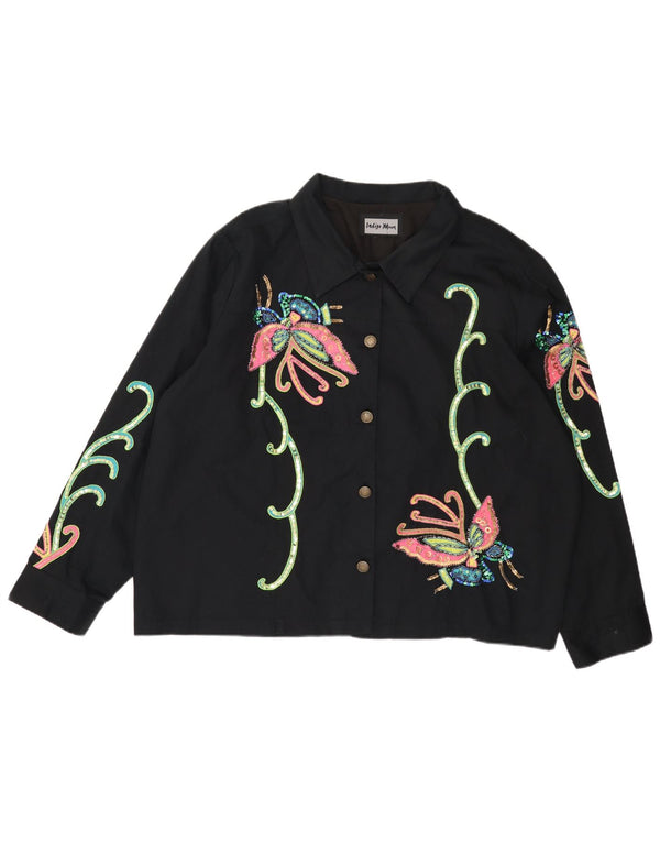 INDIGO MOON Womens Oversized Bomber Jacket UK 22 3XL Black Butterfly