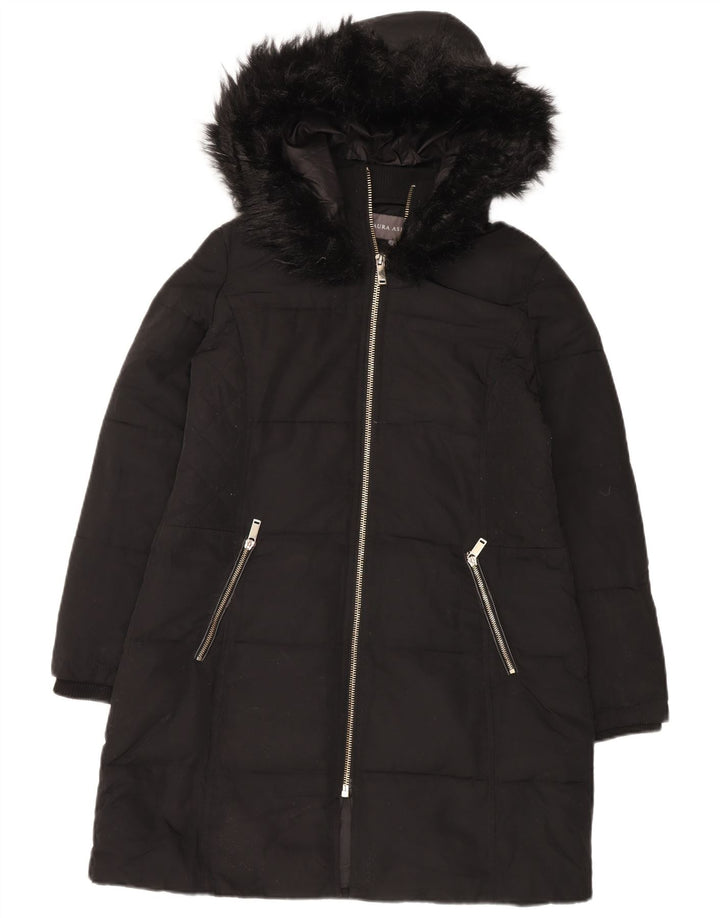 Casaco acolchoado com capuz feminino Laura Ashley Reino Unido 12 poliéster preto médio