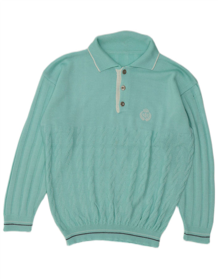 Suéter masculino vintage com gola polo e turquesa médio