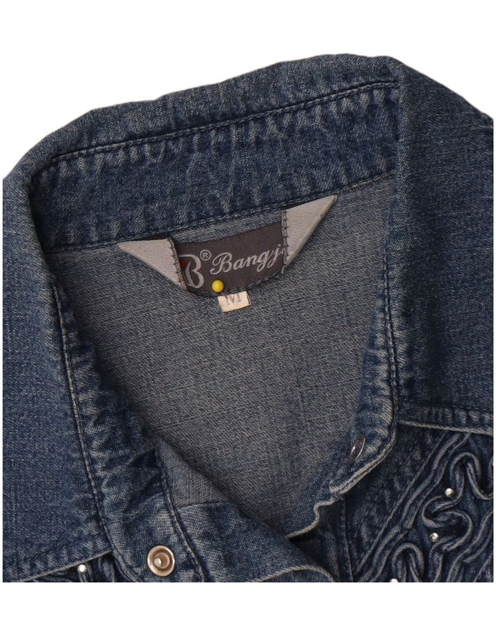 Camisa jeans feminina vintage Reino Unido 14 algodão azul médio