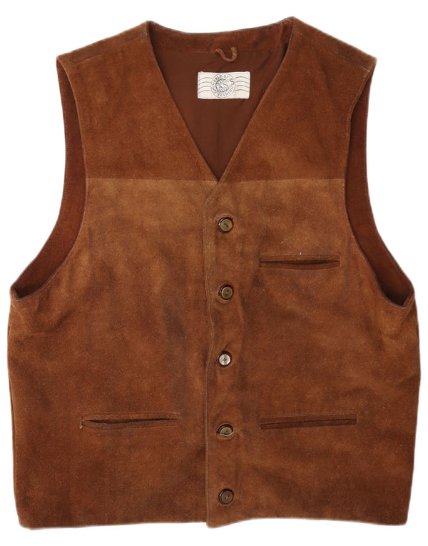 Colete masculino vintage de camurça UK 40 couro marrom médio