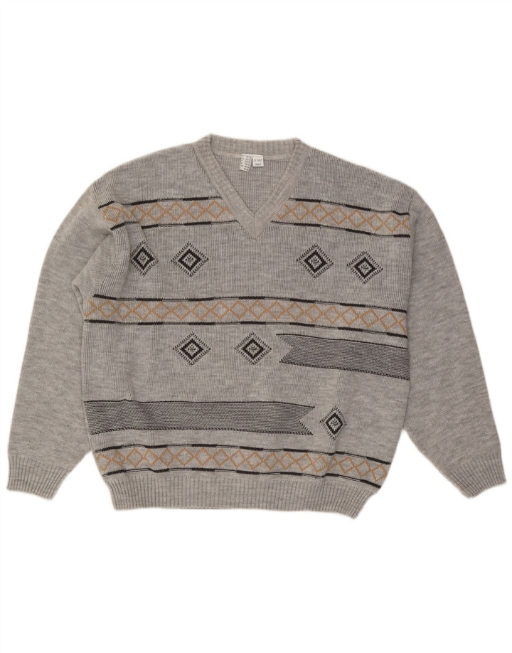 Suéter masculino VINTAGE com decote em V UK 46/48 2XL cinza Argyle/Diamante