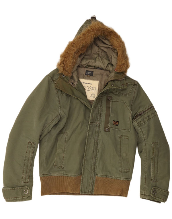 Jaqueta bomber masculina com capuz G-Star Reino Unido 40 algodão cáqui grande