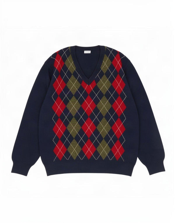 Suéter masculino vintage com decote em V XL azul marinho Argyle/lã diamante