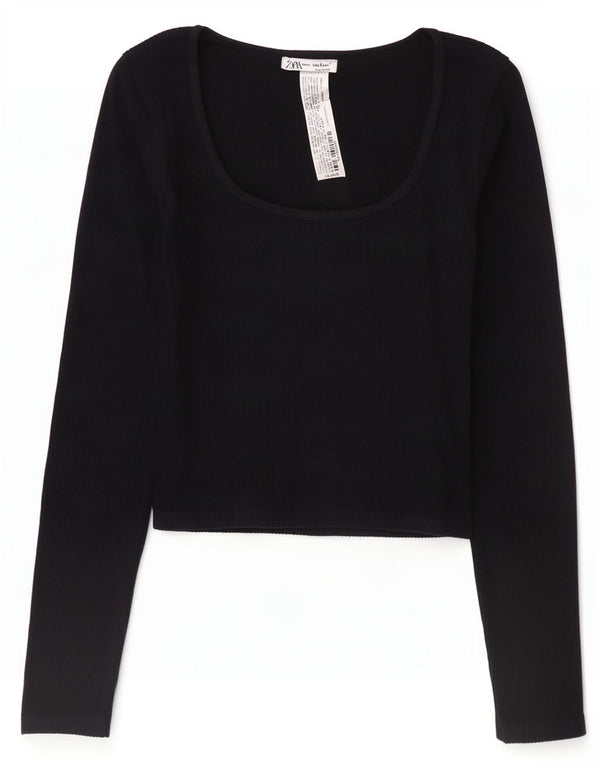 Zara Crop Top Feminino Manga Longa Reino Unido 12 Médio Preto Poliamida