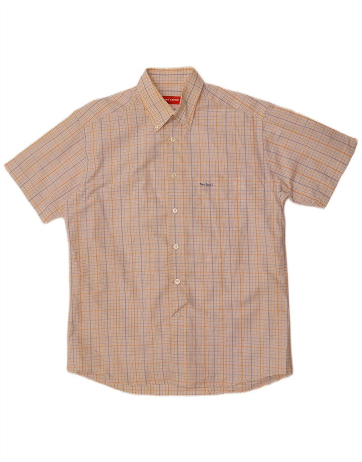 Camisa masculina de manga curta Pierre Cardin tamanho 39 algodão xadrez branco médio