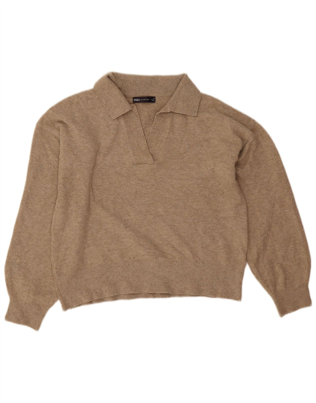 Suéter feminino Marks & Spencer com gola polo e gola redonda Reino Unido 14 médio bege