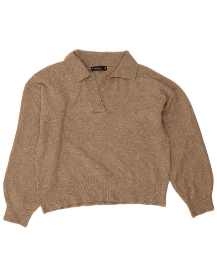 Suéter feminino Marks & Spencer com gola polo e gola redonda Reino Unido 14 médio bege