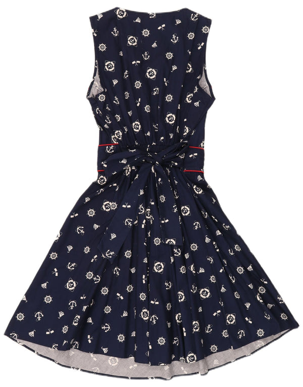 Vestido feminino Trollied Dolly com padrão abstrato evasê Reino Unido 14 grande azul marinho