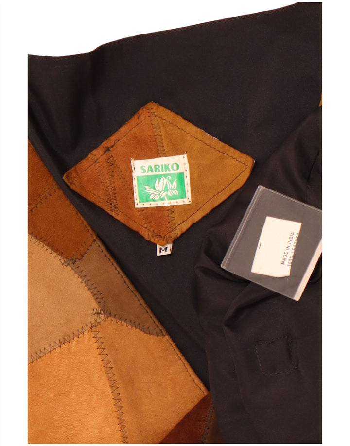 Colete de camurça vintage feminino Reino Unido 14 couro marrom médio patchwork