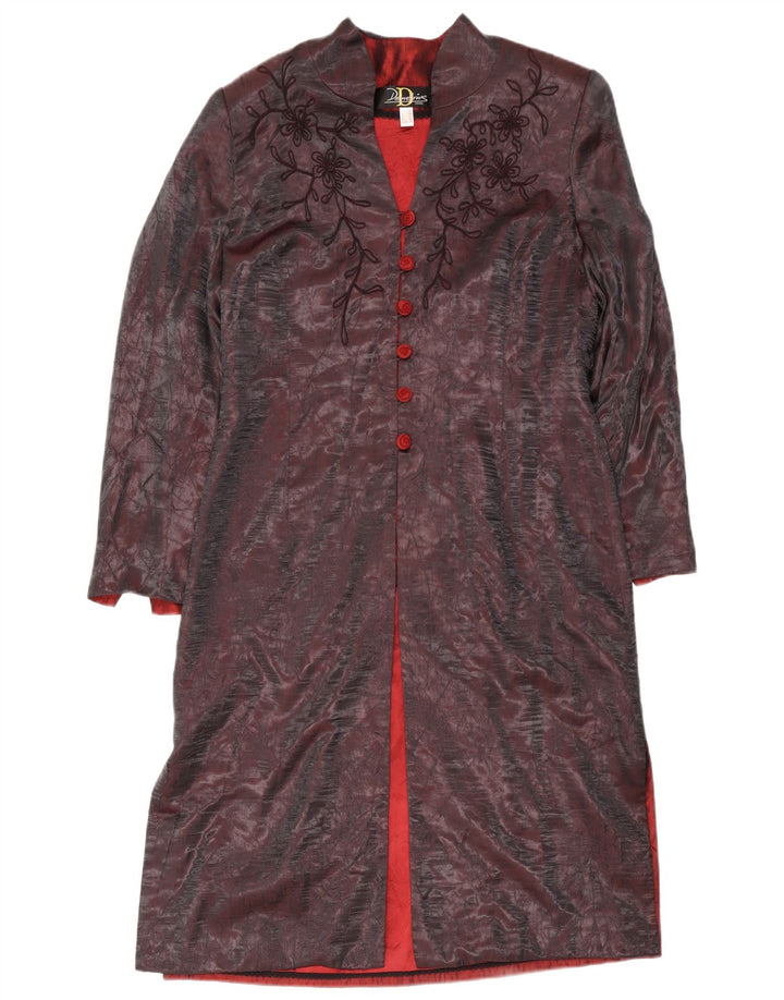 Sobretudo feminino vintage Reino Unido 16 grande poliéster floral Borgonha
