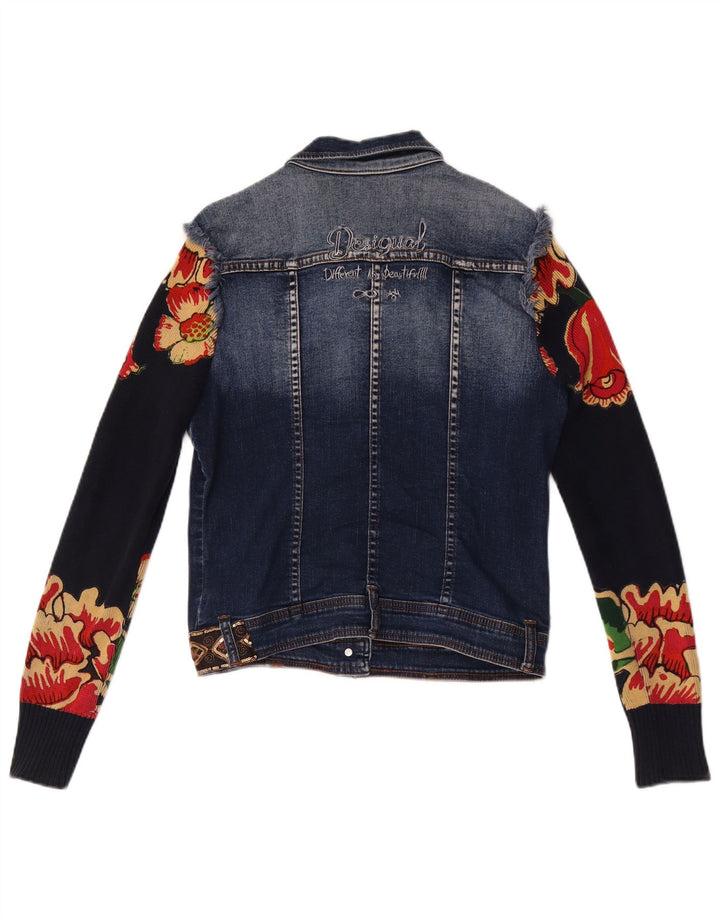 Jaqueta jeans gráfica feminina Desigual UE 38 médio azul marinho algodão floral