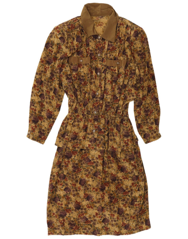 Vintage Womens 3/4 Sleeve Peplum Dress UK 14 Large Khaki Floral Viscose