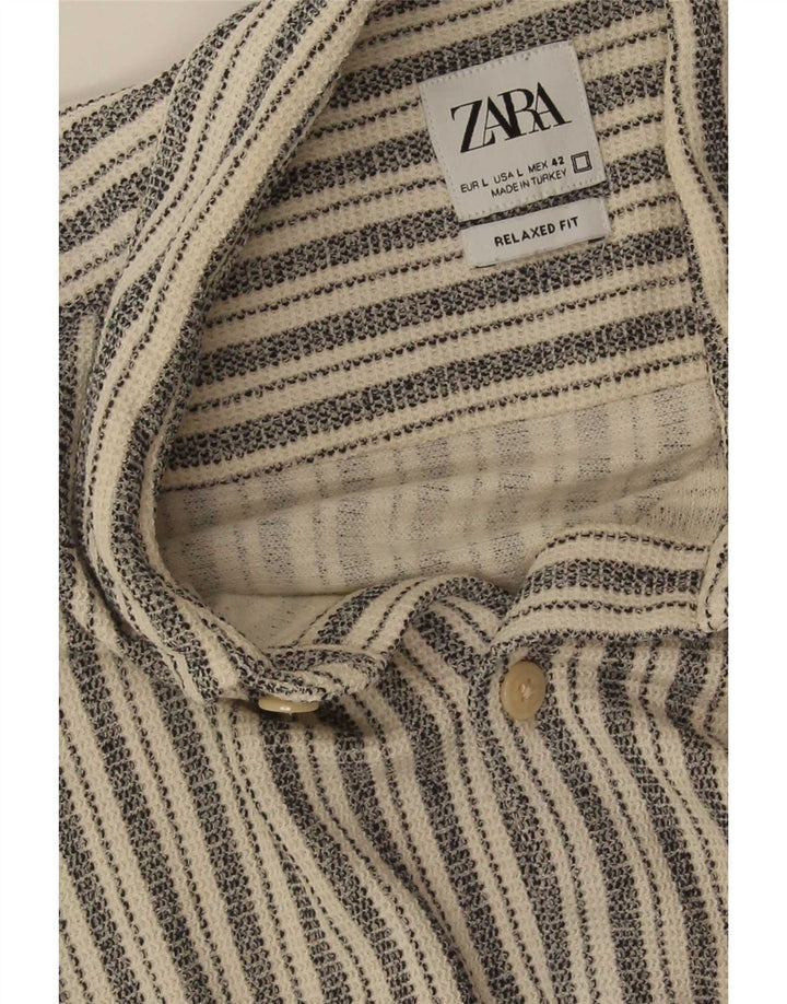 Zara Camisa masculina de manga curta e ajuste relaxado grande listrado cinza