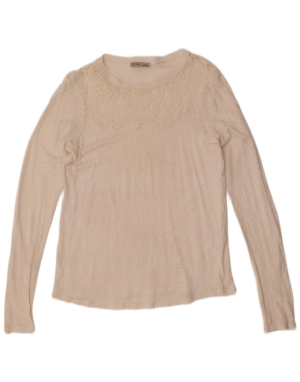 Top feminino Zara manga comprida UK 12 médio off white floral
