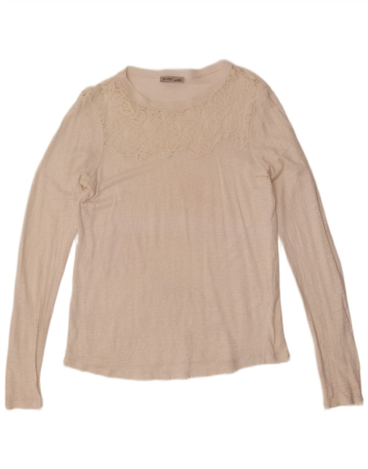 Top feminino Zara manga comprida UK 12 médio off white floral