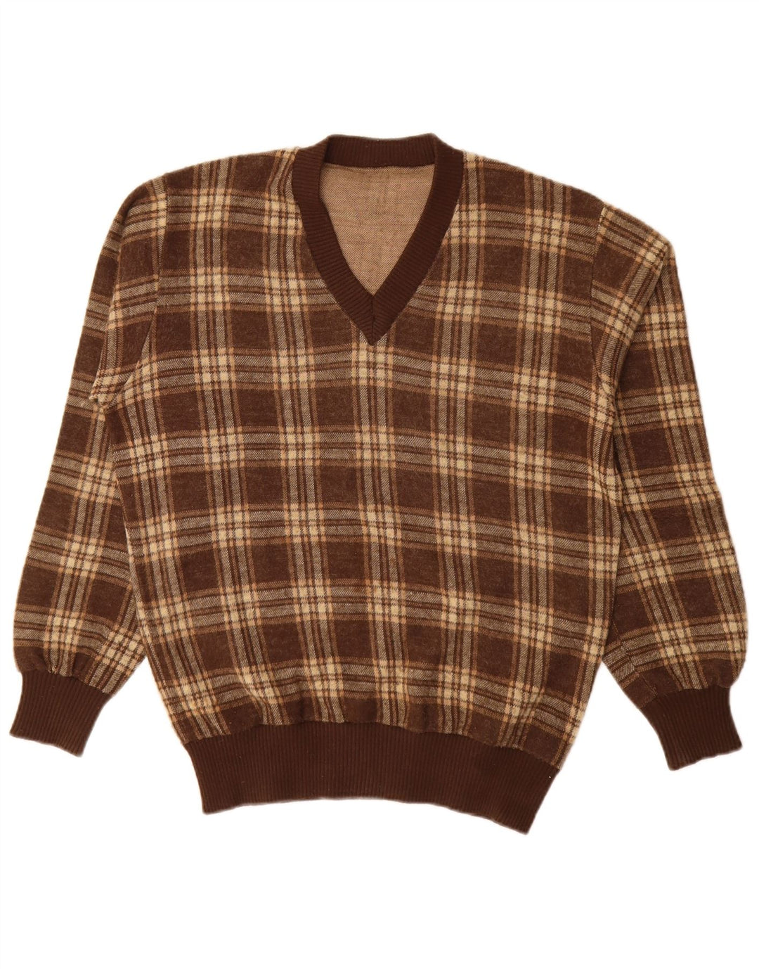 Suéter masculino vintage com decote em V grande acrílico xadrez marrom