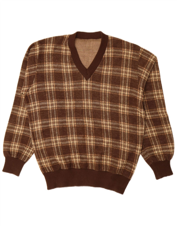 Suéter masculino vintage com decote em V grande acrílico xadrez marrom