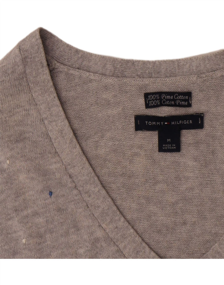 Top feminino Tommy Hilfiger manga comprida UK 12 algodão manchado cinza médio