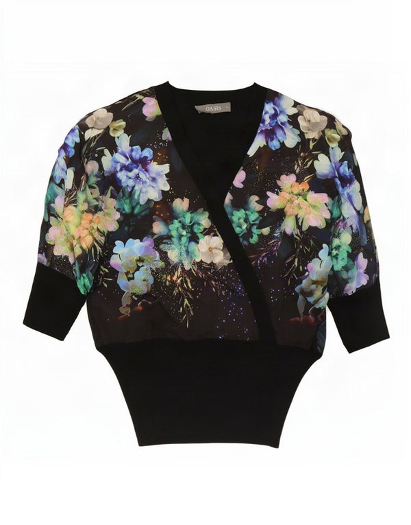 Blusa feminina Oasis oversized UK 6 XS preta floral viscose