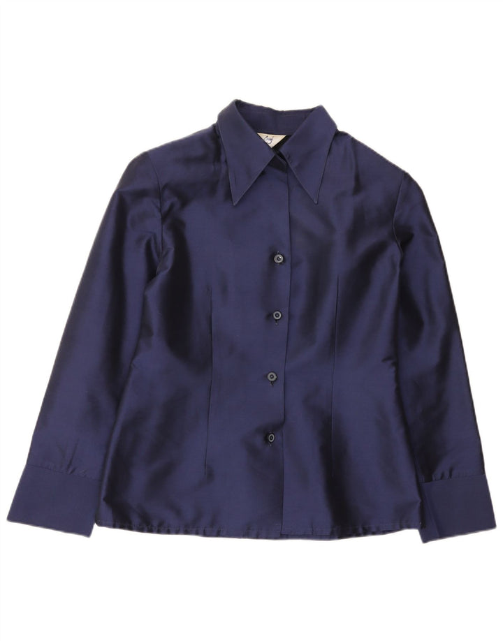 Blusa feminina vintage UK 14 seda azul marinho médio