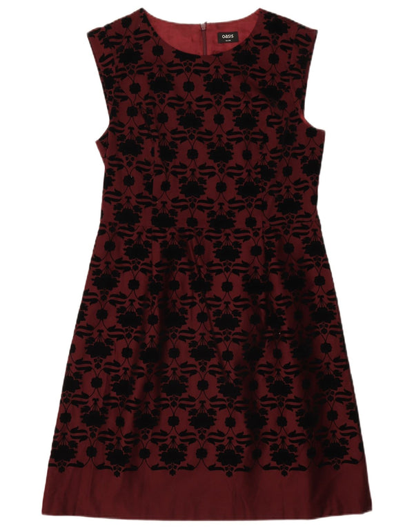 Vestido feminino Oasis sem mangas evasê UK 14 algodão floral médio vinho