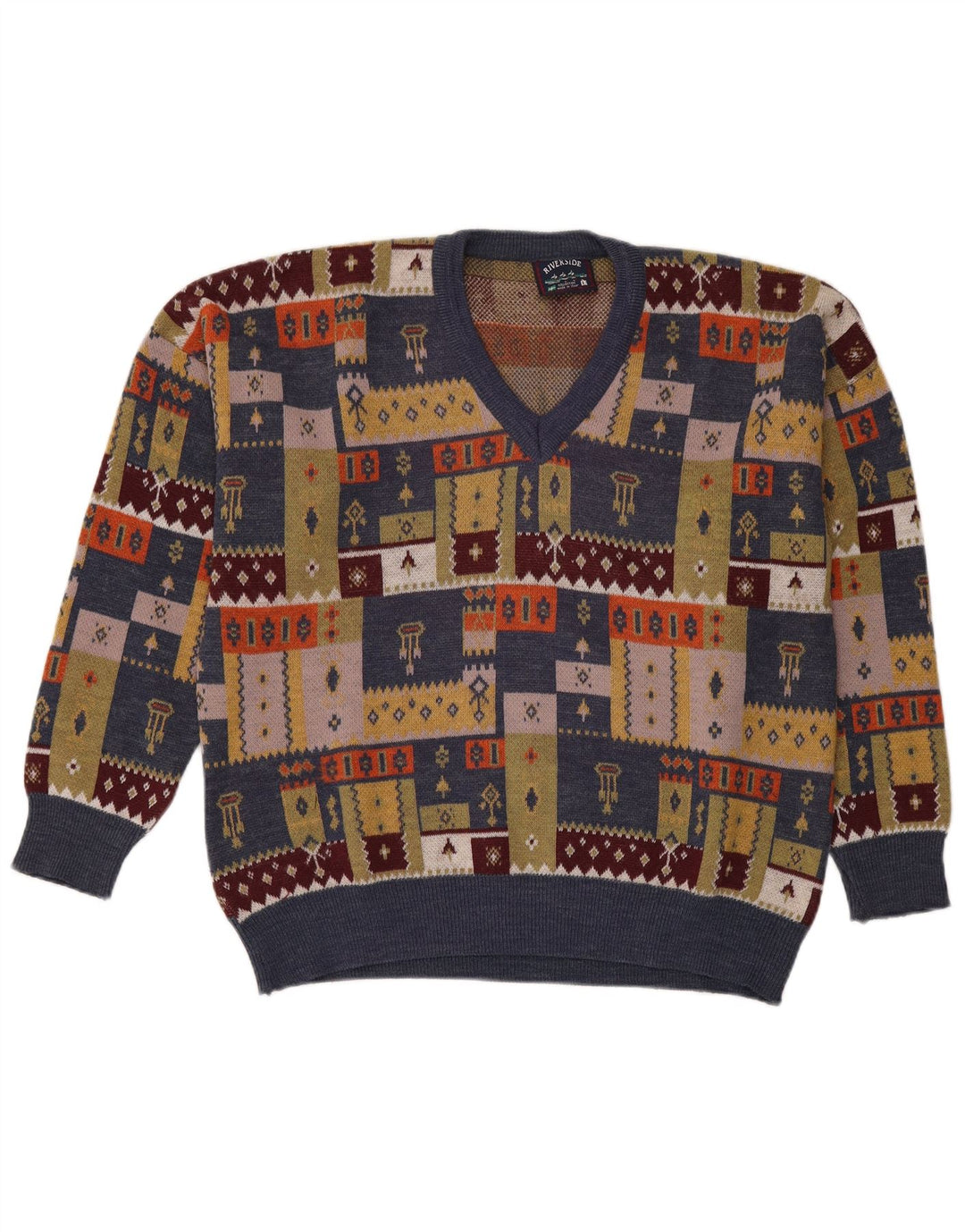 Suéter masculino vintage com decote em V grande patchwork multicolorido