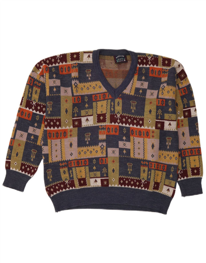 Suéter masculino vintage com decote em V grande patchwork multicolorido