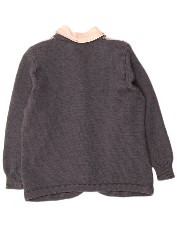 Suéter cardigã feminino vintage Reino Unido 12 lã geométrica cinza médio