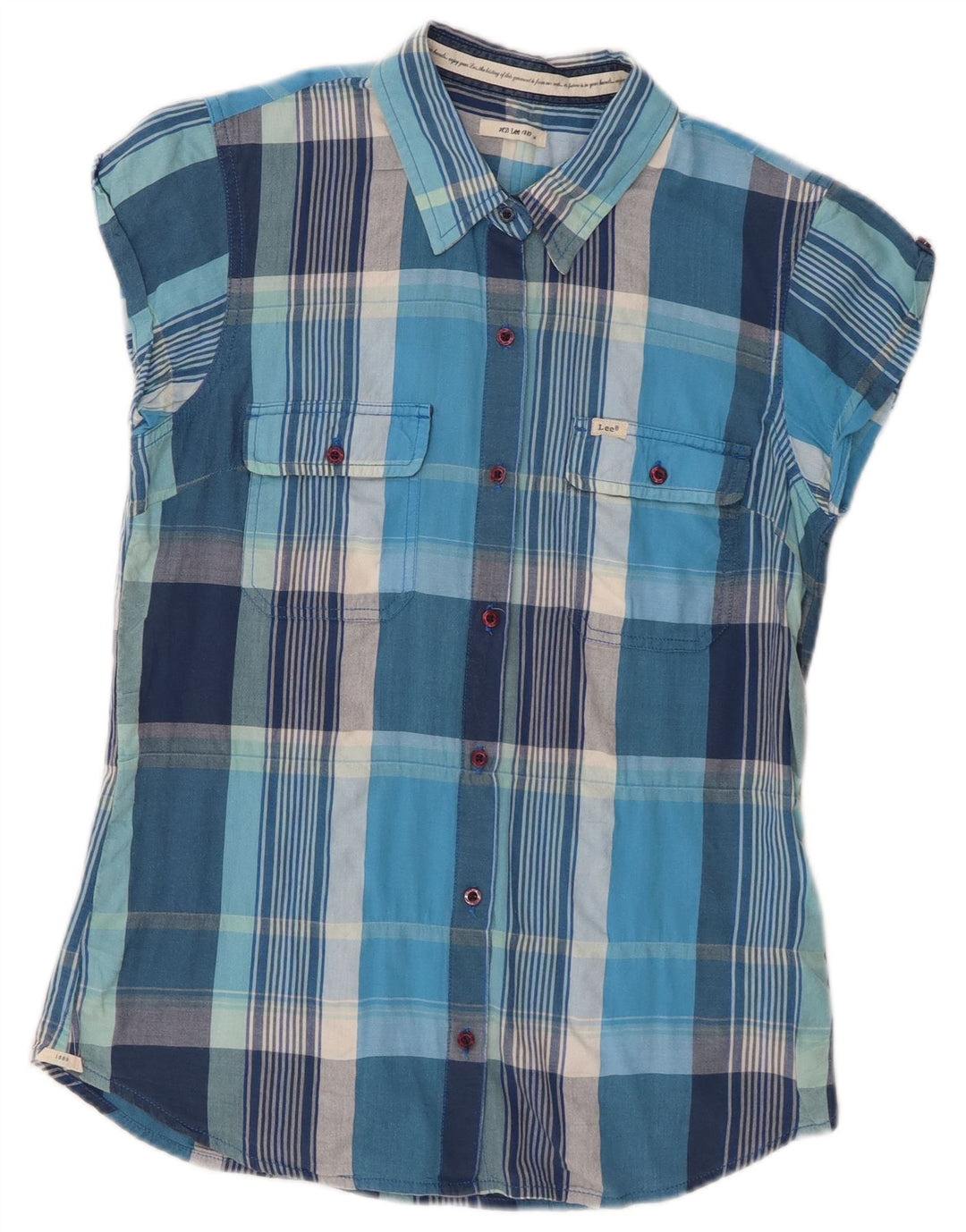 Camisa feminina de manga curta Lee UK 12 algodão xadrez azul médio