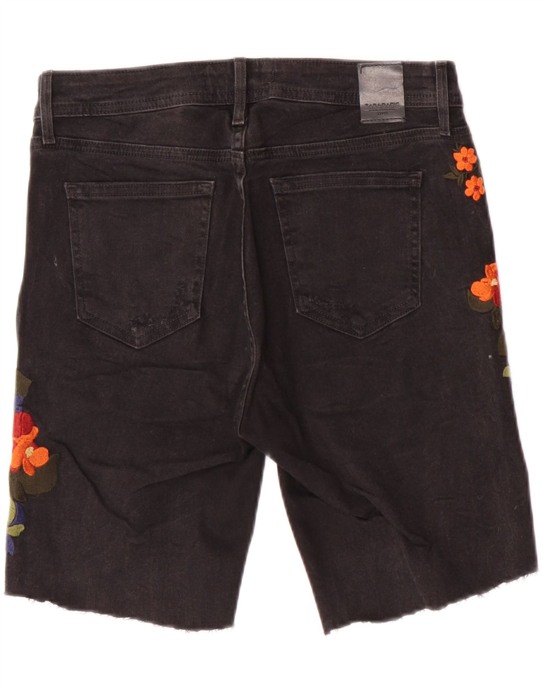 Zara Shorts jeans feminino gráfico UE 38 pequeno W28 preto floral boêmio