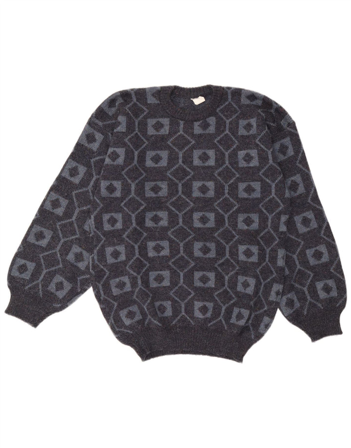 Suéter vintage masculino com gola redonda e acrílico geométrico cinza médio