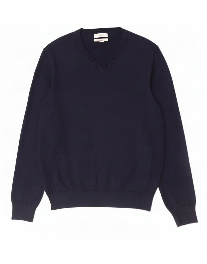 Suéter masculino Marks & Spencer com decote em V grande algodão azul marinho