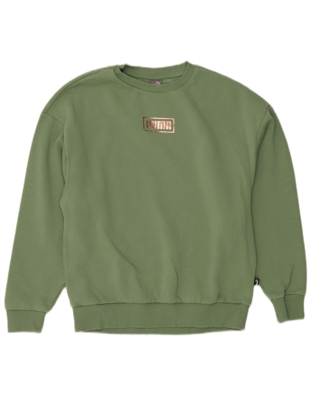 Puma feminino gráfico moletom jumper UK 10 pequeno algodão verde