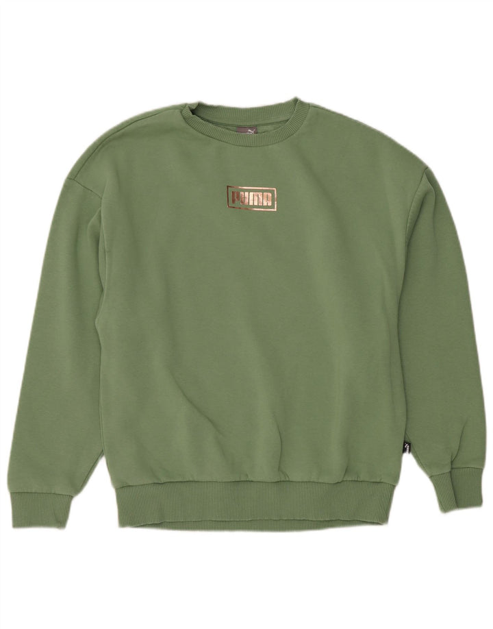 Puma feminino gráfico moletom jumper UK 10 pequeno algodão verde
