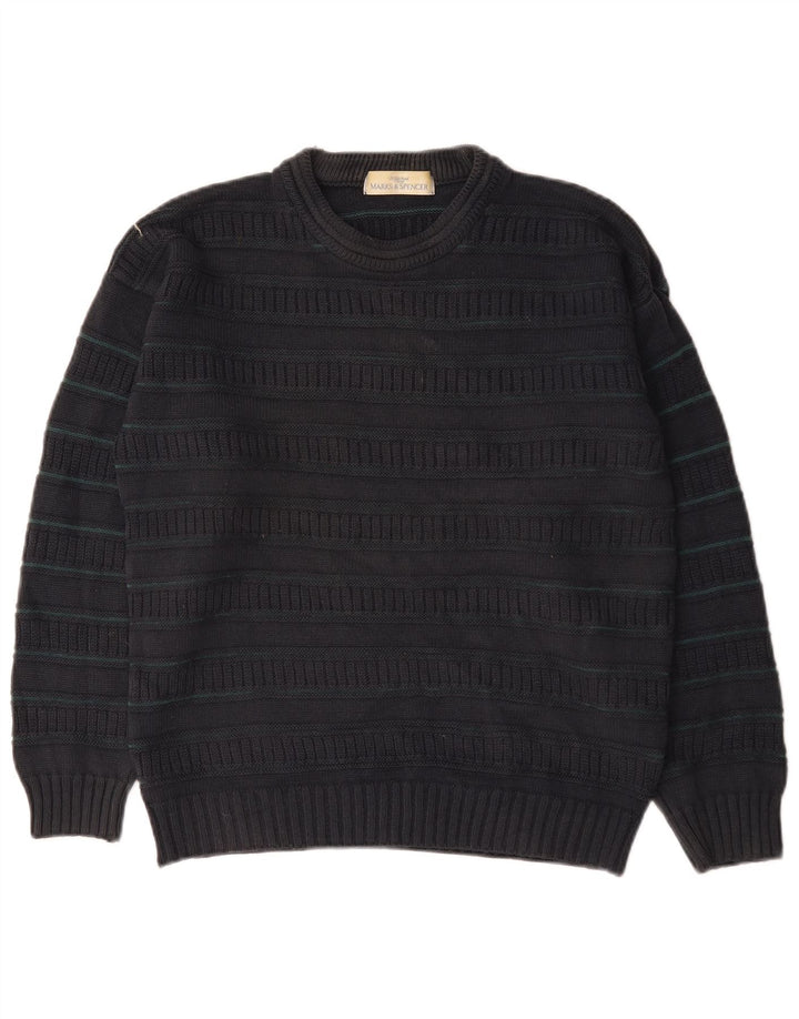 Suéter masculino Marks & Spencer com gola redonda, acrílico listrado preto médio