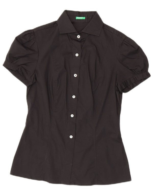 Camisa feminina de manga curta Benetton UK 10 pequena algodão preto
