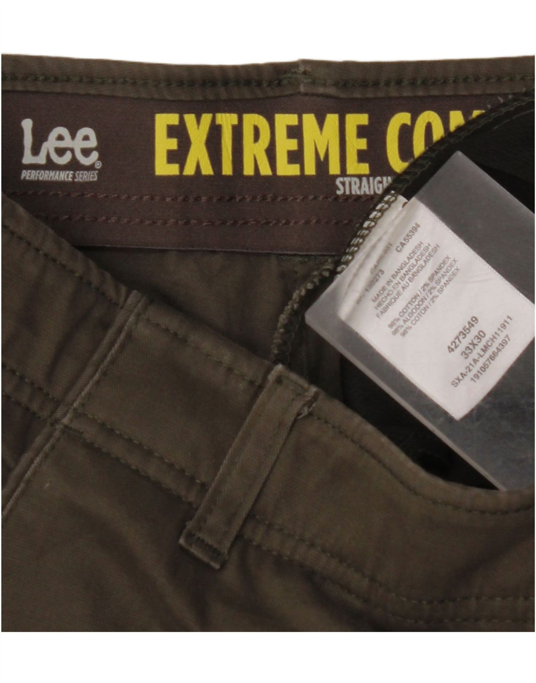Calça chino reta masculina LEE Extreme Comfort W33 L30 algodão cáqui