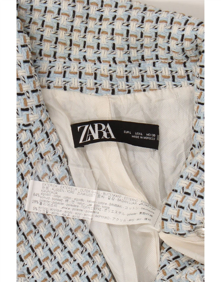 Jaqueta blazer feminina Zara com peito duplo Reino Unido 14 grande algodão guingão azul