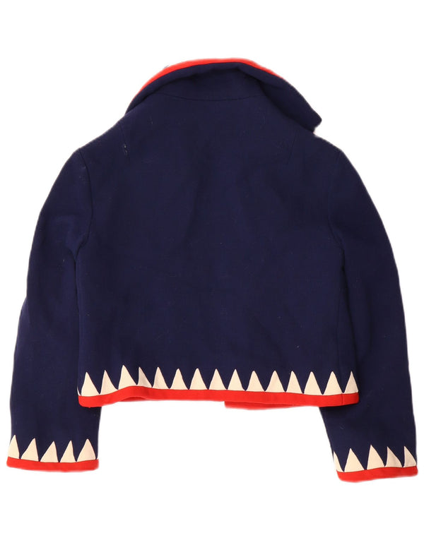 Bolero feminino vintage UK 10 pequeno azul marinho geométrico