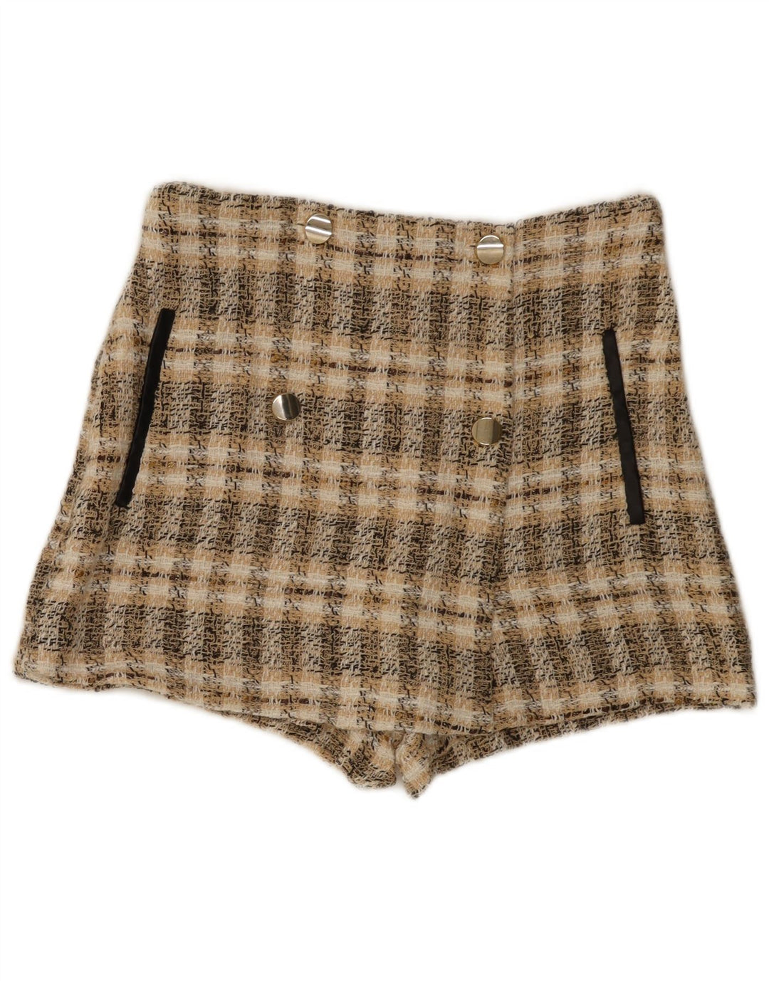 Zara Shorts feminino casual médio W28 poliéster xadrez marrom
