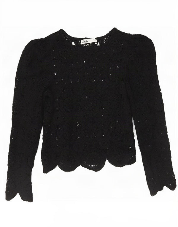 Top feminino de crochê Zara manga 3/4 Reino Unido 8 pequeno preto floral