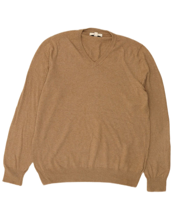 Suéter masculino Marks & Spencer com decote em V grande algodão marrom