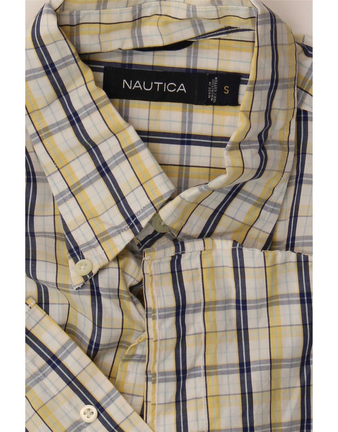 Camisa masculina de manga curta Nautica pequena xadrez amarela de algodão